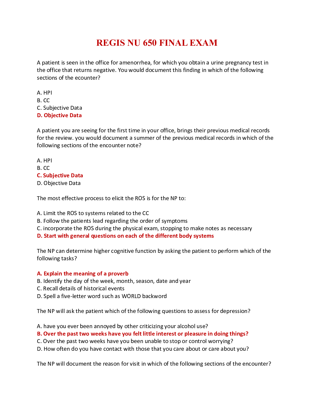 Preview image of REGIS NU 650 / NU 650 Final Exam document